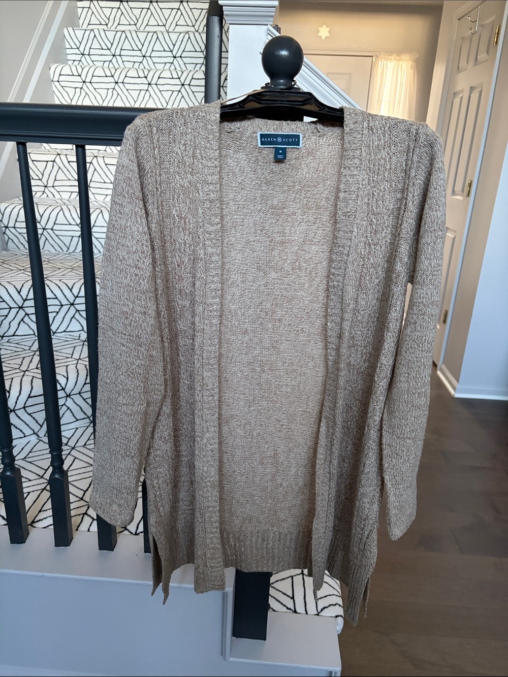 Karen Scott Beige Open-Front Knit Cardigan